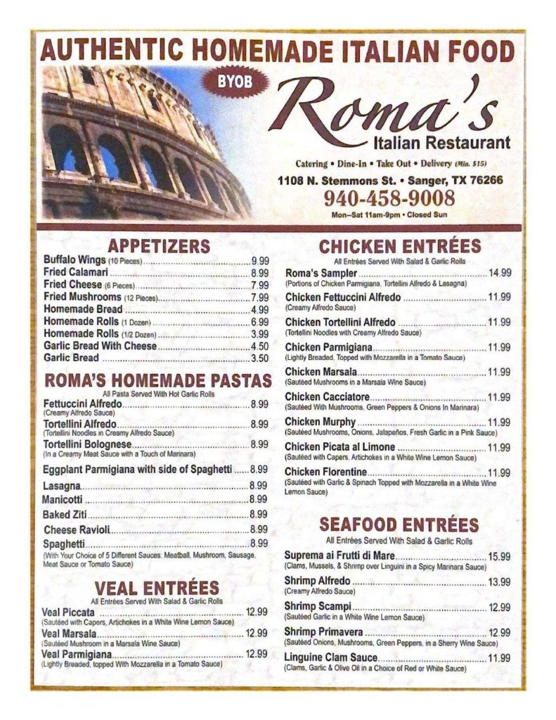 Roma’s Italian Menu | Sanger, TX | Roma's Italian Restaurant